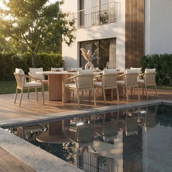 Gartentisch Komorebi 270 cm mit Steinplatte, helles Akazienholz/hellbeige, oval, Lamellen