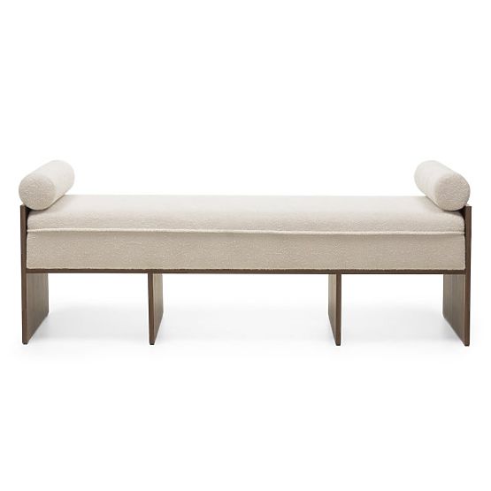 Gepolsterte Bank Loppo hellbeige, Bouclé, Nussbaum Wisconsin