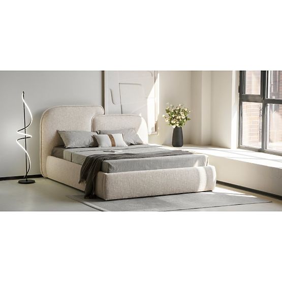 Gepolstertes Bett Nestia 160x200 cm, mit Lattenrost und Stauraum, hellbeige, abgerundet