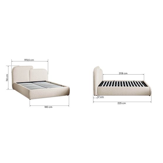 Gepolstertes Bett Nestia 160x200 cm, mit Lattenrost und Stauraum, hellbeige, abgerundet