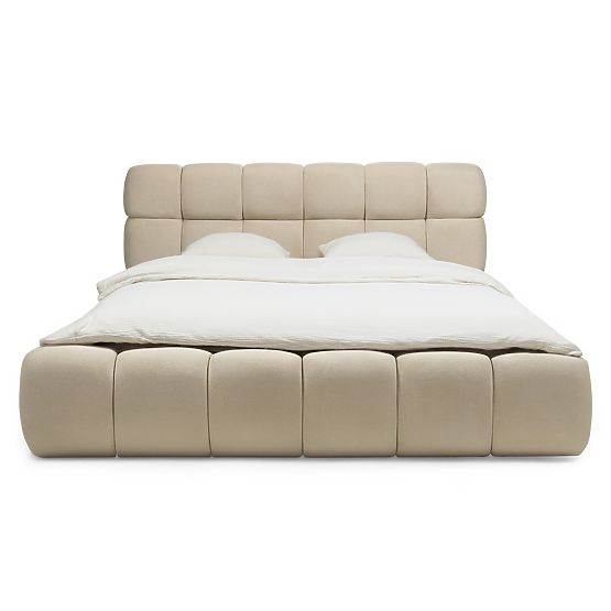 Gepolstertes Bett Nexo 160x200 cm, mit Lattenrost und Stauraum, hellbeige, abgerundete Formen