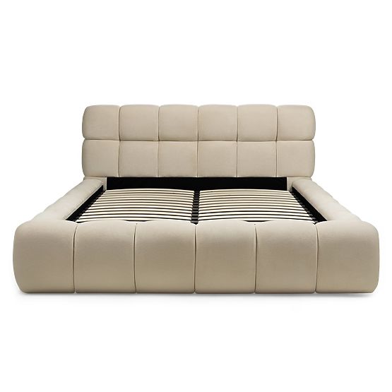 Gepolstertes Bett Nexo 160x200 cm, mit Lattenrost und Stauraum, hellbeige, abgerundete Formen