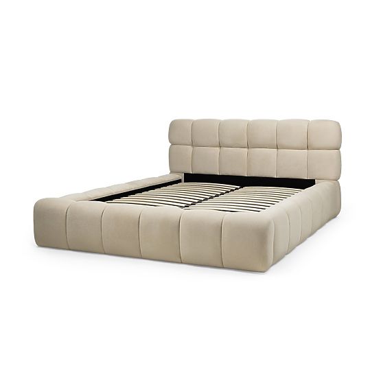 Gepolstertes Bett Nexo 160x200 cm, mit Lattenrost und Stauraum, hellbeige, abgerundete Formen