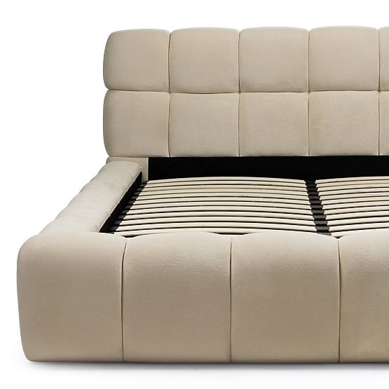 Gepolstertes Bett Nexo 160x200 cm, mit Lattenrost und Stauraum, hellbeige, abgerundete Formen