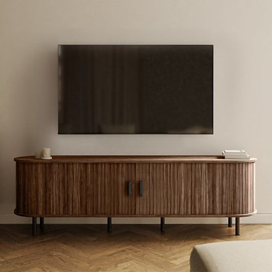 Geschlossener TV-Schrank Gliss, abgerundet, Lamellen, dunkle Walnuss