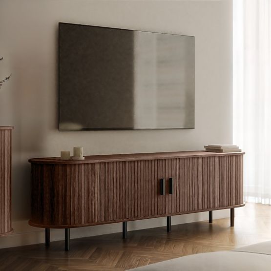 Geschlossener TV-Schrank Gliss, abgerundet, Lamellen, dunkle Walnuss