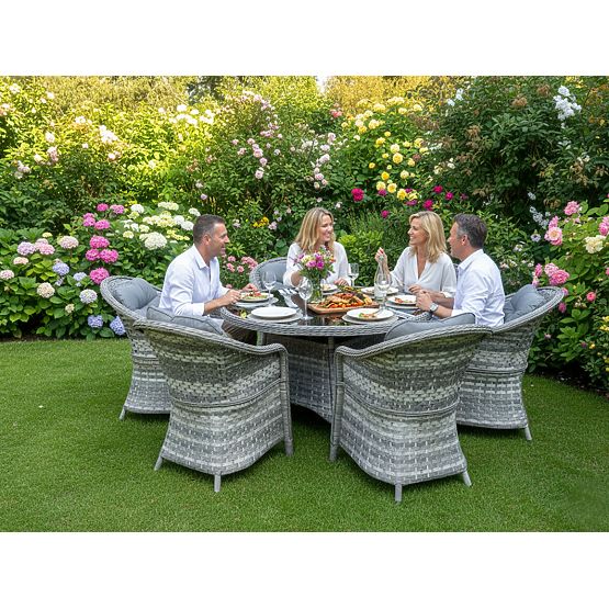 Großes Ess-Set aus Technorattan (6 Sessel + Tisch) MODERNO hellgrau