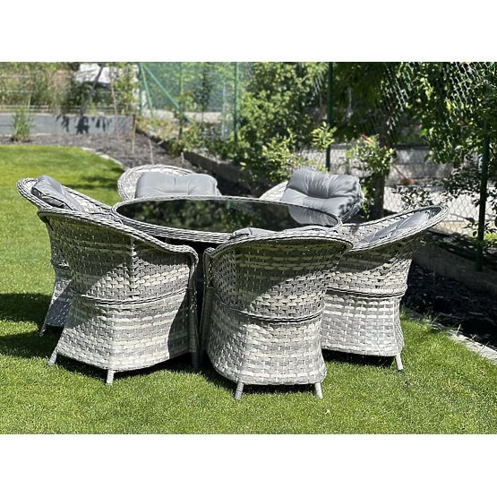 Großes Ess-Set aus Technorattan (6 Sessel + Tisch) MODERNO hellgrau