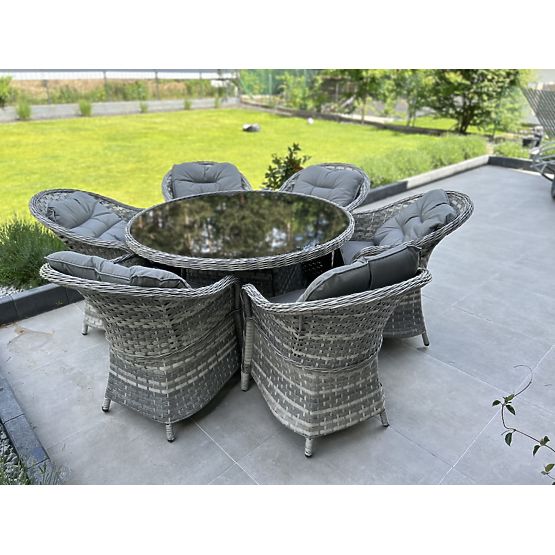 Großes Ess-Set aus Technorattan (6 Sessel + Tisch) MODERNO hellgrau