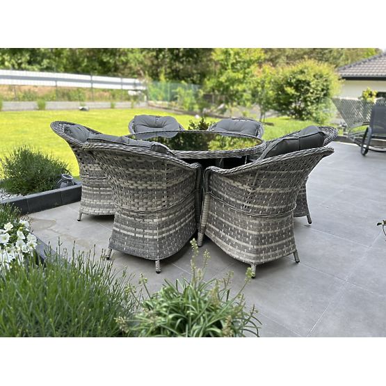 Großes Ess-Set aus Technorattan (6 Sessel + Tisch) MODERNO hellgrau