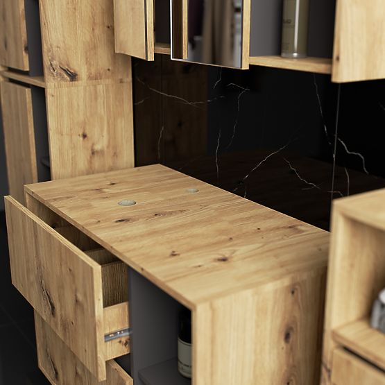 HÄNGENDE BADEZIMMERMÖBEL-SET MIT ÖFFNUNGEN VAMI EICHE ARTISAN / GRAFITGRAU