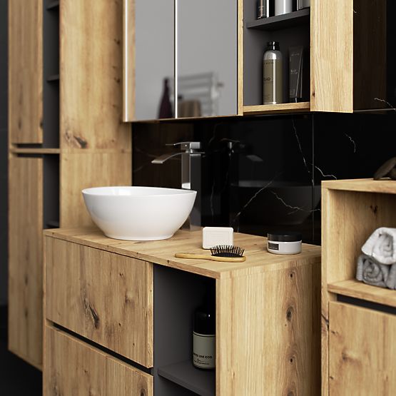 HÄNGENDE BADEZIMMERMÖBEL-SET MIT ÖFFNUNGEN VAMI EICHE ARTISAN / GRAFITGRAU