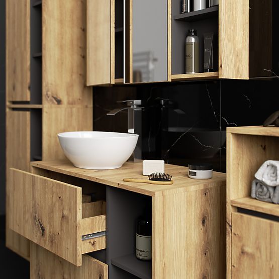 HÄNGENDE BADEZIMMERMÖBEL-SET MIT ÖFFNUNGEN VAMI EICHE ARTISAN / GRAFITGRAU