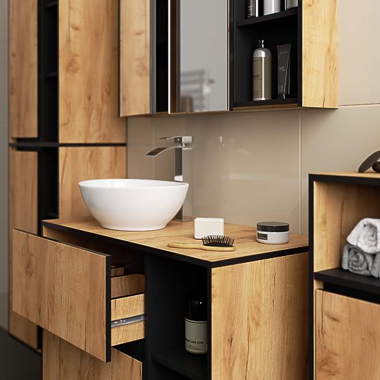 HÄNGENDER BADEZIMMERSCHRANK VAMI W50 2D 6P EICHE CRAFT / SCHWARZ