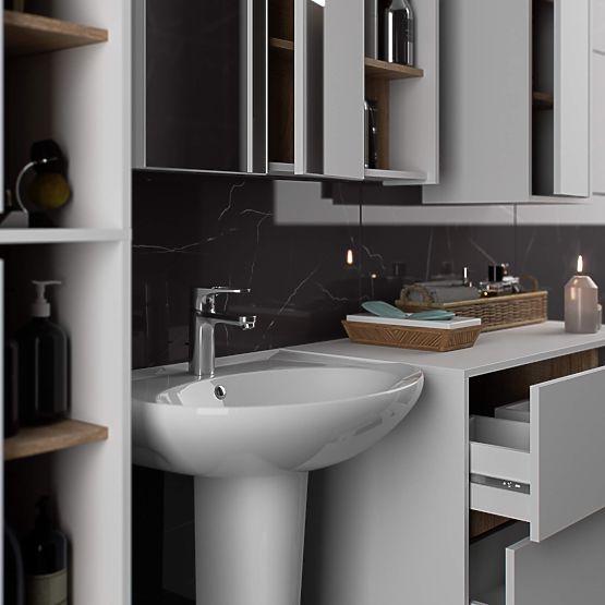 HÄNGENDER BADEZIMMERSCHRANK VAMI W50 2D 6P WEISS / EICHE SONOMA