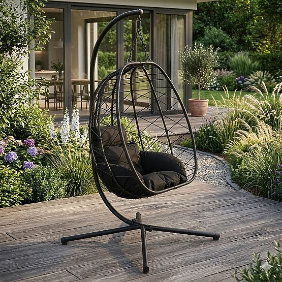 Hängender freistehender Garten-Hängesessel Kokon bis 120 kg Kissen schwarz MultiGarden