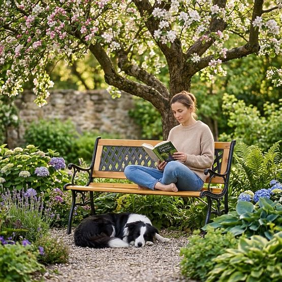 Holz-Gartenbank 126x51 cm mit Gitterrückenlehne und Gusseisenfüßen Parkbank MultiGarden