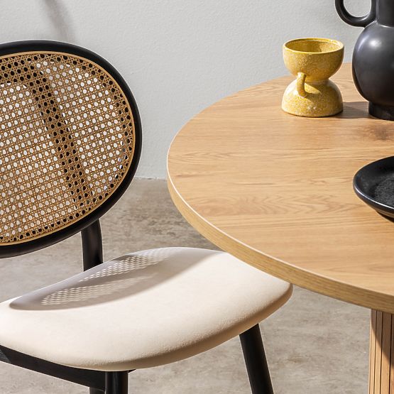 Holzstuhl Monet mit Wiener Geflecht, Rattan, Samt, schwarz/beige