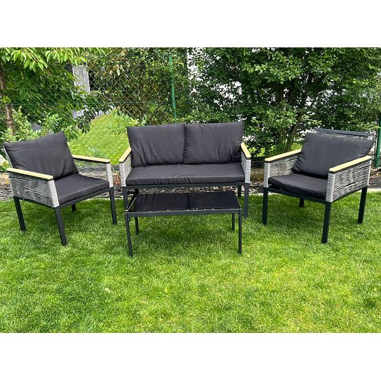 Kleine Balkonmöbel-Set (2 x Sessel, Sofa + Tisch) CORTO schwarzes Aluminium, graues Technorattan