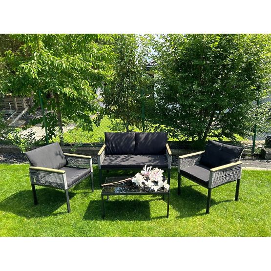 Kleine Balkonmöbel-Set (2 x Sessel, Sofa + Tisch) CORTO schwarzes Aluminium, graues Technorattan