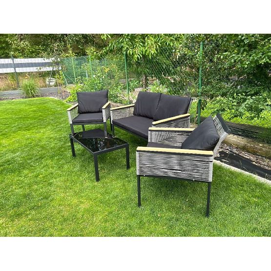 Kleine Balkonmöbel-Set (2 x Sessel, Sofa + Tisch) CORTO schwarzes Aluminium, graues Technorattan