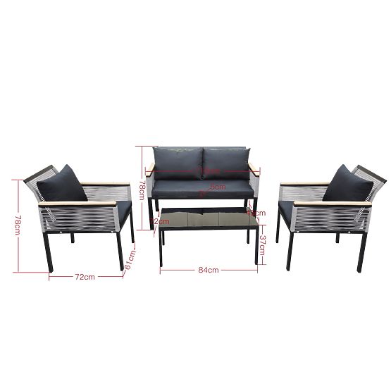 Kleine Balkonmöbel-Set (2 x Sessel, Sofa + Tisch) CORTO schwarzes Aluminium, graues Technorattan