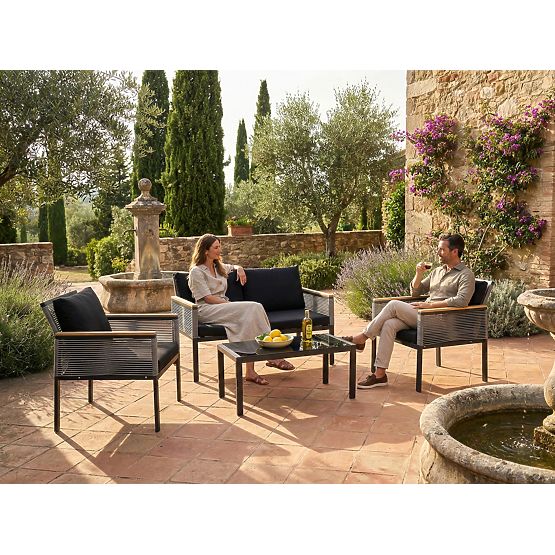 Kleine Balkonmöbel-Set (2 x Sessel, Sofa + Tisch) CORTO schwarzes Aluminium, graues Technorattan