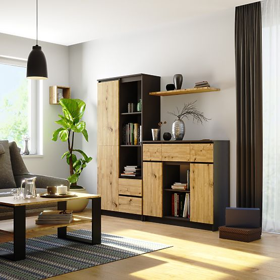 KOMMODE K100 2D 3SZ 1P PK GRAPHIT GRAU / EICHE ARTISAN