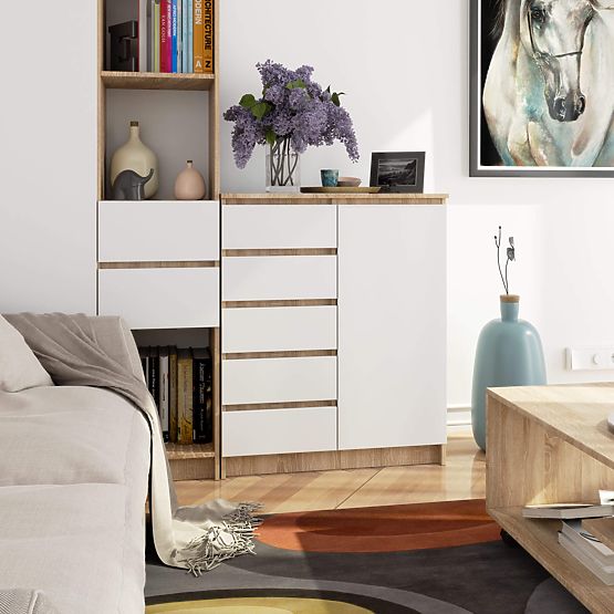 KOMMODE K80 1D 5SZ PK EICHE SONOMA / WEISS