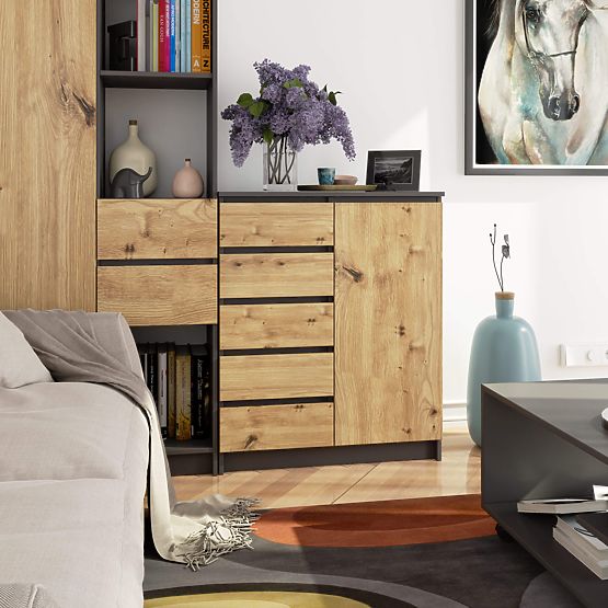 KOMMODE K80 1T 5SZ PK GRAPHITGRAU / ARTISAN EICHE