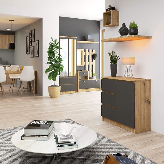 KOMMODE K80 JERRY 1D 3SZ PK EICHE ARTISAN / GRAFITGRAU