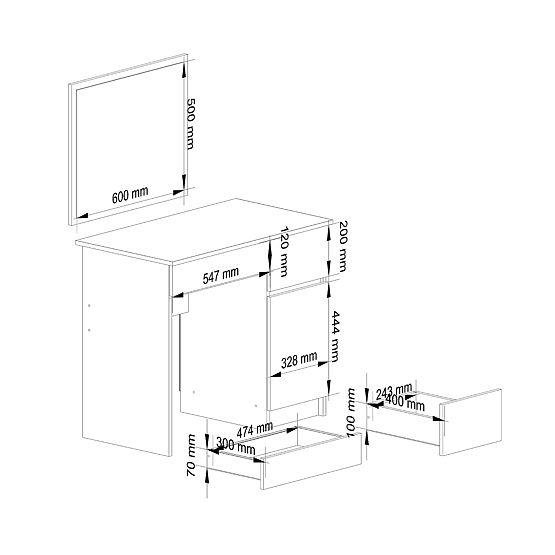 KOSMETIKTISCH MIT SPIEGEL P-2/SL 500x600 RECHTS PK EICHE CRAFT