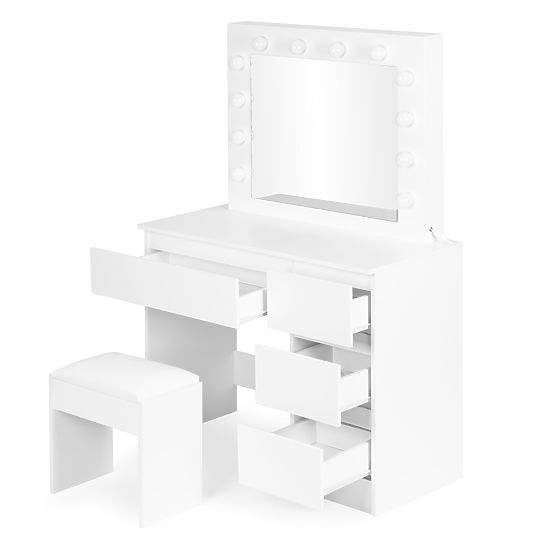 Kosmetischer Frisiertisch mit Spiegel und LED-Beleuchtung 4 Schubladen Hocker ModernHome