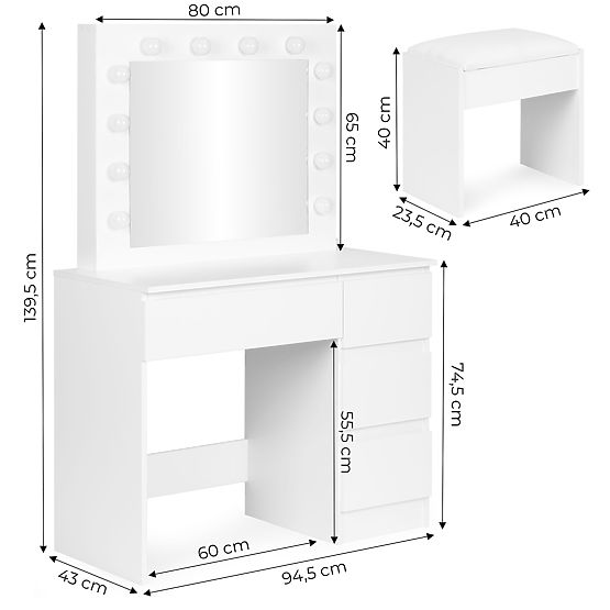 Kosmetischer Frisiertisch mit Spiegel und LED-Beleuchtung 4 Schubladen Hocker ModernHome