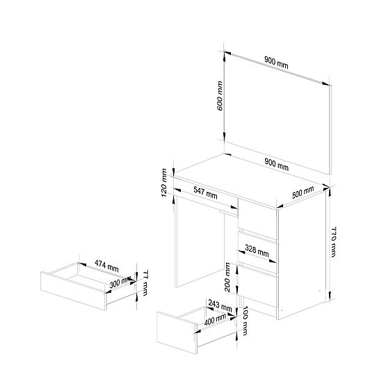 KOSMETISCHER SCHMINKTISCH MIT SPIEGEL T-6/SL 900x600 RECHTS PK WEISS