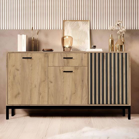 LAMINO KM-1 Kommode Eiche Craft/Schwarz, Beine: Schwarz