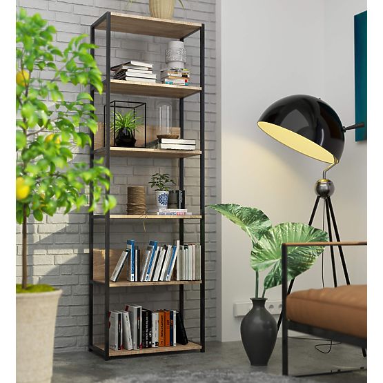 Metall-Loftregal 60 cm - Schwarz-Sonoma Eiche - 6 Regalböden