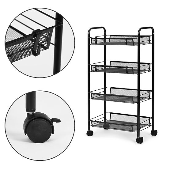 Metallischer Küchen- und Badezimmer-Organizer auf Rädern, 4 Regale, schwarz ModernHome