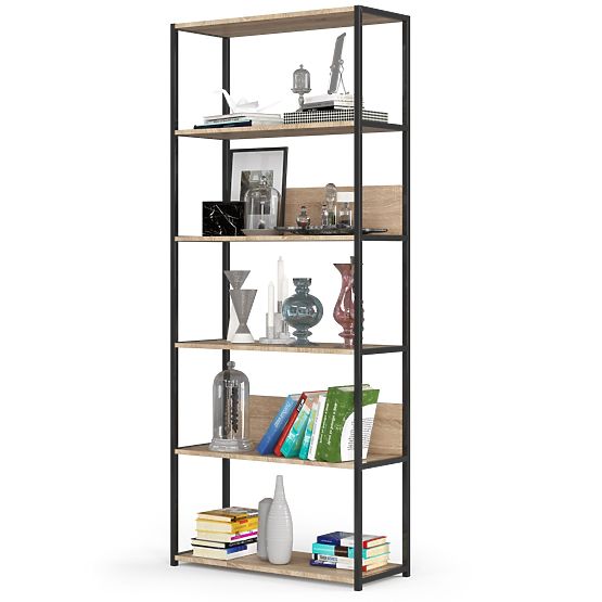 Metallisches Loft-Regal 80 cm - Schwarz-Sonoma Eiche - 6 Regalböden