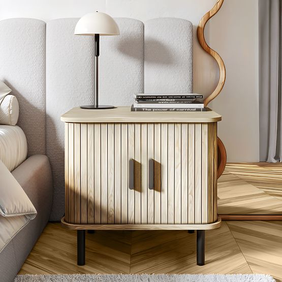 Nachttisch Gliss, abgerundet, Lamellen, helles Eichenholz