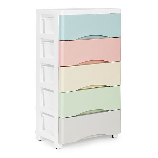 Regal mit 5 ausziehbaren Schubladen, Beine mit Rollen, bunte Schubladen ModernHome