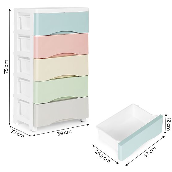 Regal mit 5 ausziehbaren Schubladen, Beine mit Rollen, bunte Schubladen ModernHome