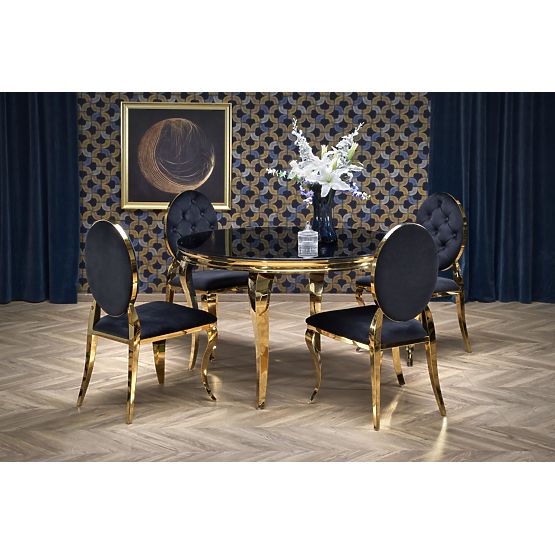 REGINALD_2 runder Tisch Platte - schwarzes Glas, Beine - golden
