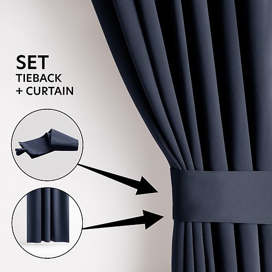 RESTILO BLACKOUT-Vorhang Indigo Raffhalter klassischer Stil silberne Ösen Material bla