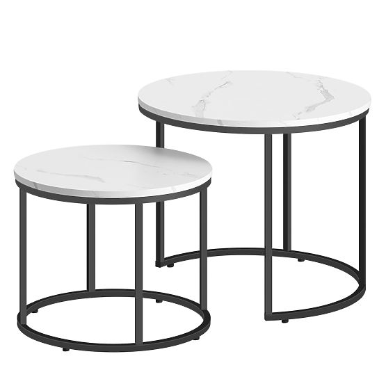 Runder Couchtisch 2er Set - Marmor / schwarze Beine