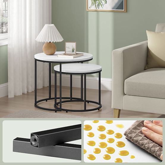 Runder Couchtisch 2er Set - Marmor / schwarze Beine