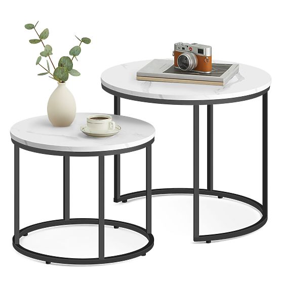 Runder Couchtisch 2er Set - Marmor / schwarze Beine