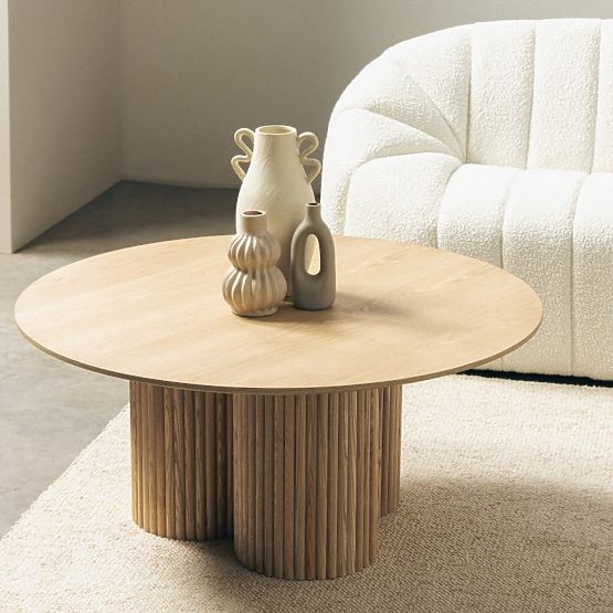 Runder Couchtisch Vesby 100 cm, Natur Eiche, Esche, Lamellen
