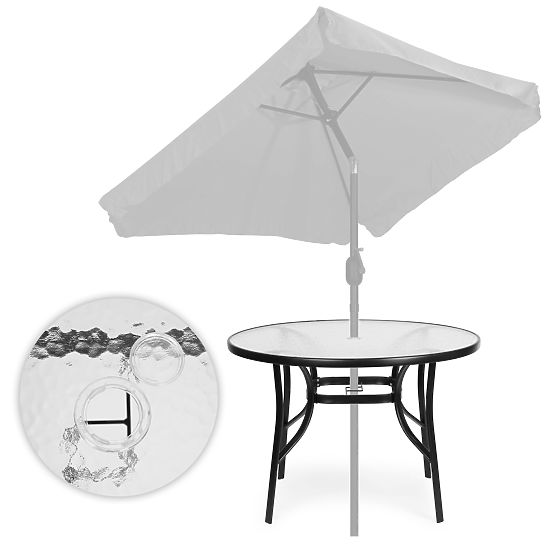 Runder Gartentisch 105 cm für Terrasse, Garten, Balkon, gehärtetes Glas, Sonnenschirmöffnung MultiGa