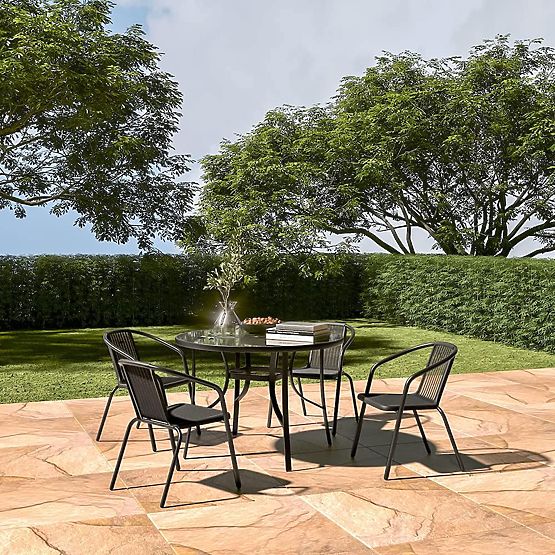 Runder Gartentisch 105 cm für Terrasse, Garten, Balkon, gehärtetes Glas, Sonnenschirmöffnung MultiGa